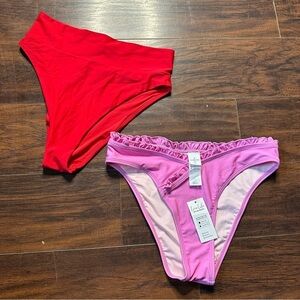 Aerie Cupshe High Waisted Ruffle Pink Red Bikini Bottom Set of 2